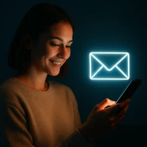 Junge Frau lächelt, während sie auf ihr Smartphone blickt. Neben ihr erscheint ein leuchtendes E-Mail-Symbol mit dem Affiliate-Angebot.