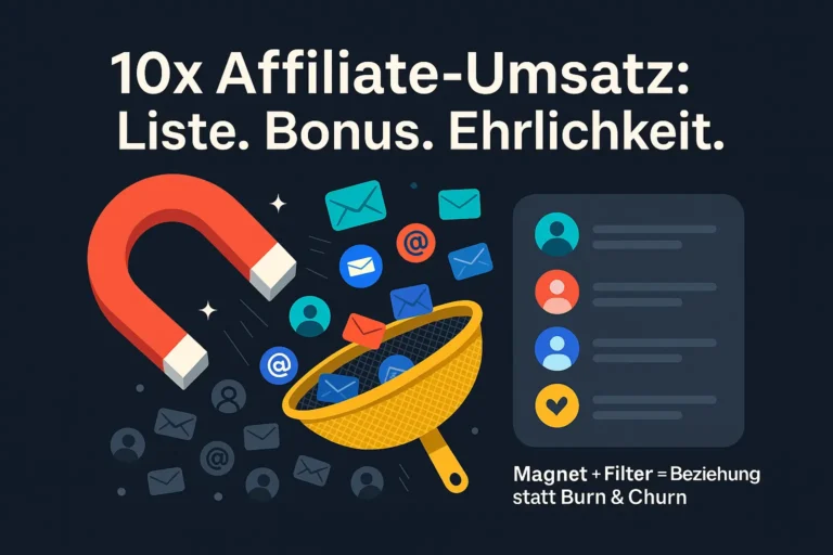 Illustration mit Magnet und Filter: E-Mails und Profile werden qualifiziert, rechts entsteht eine hochwertige E-Mail-Liste – 10x Affiliate-Umsatz durch Liste, starken Bonus und Transparenz.