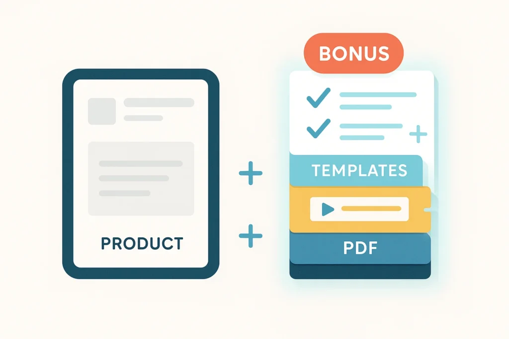 Illustration: Bonus-Stack mit Checkliste, Templates und Mini-Kurs wertet dein Affiliate-Marketing auf.
