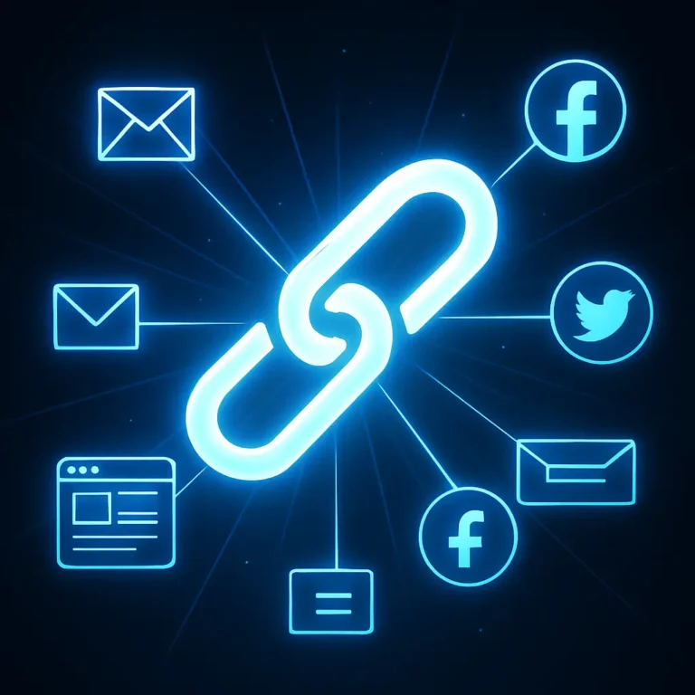 Leuchtendes Kettensymbol als zentrales Element im Affiliate-Marketing, verbunden mit E-Mail- und Social-Media-Icons in einem digitalen Netzwerk