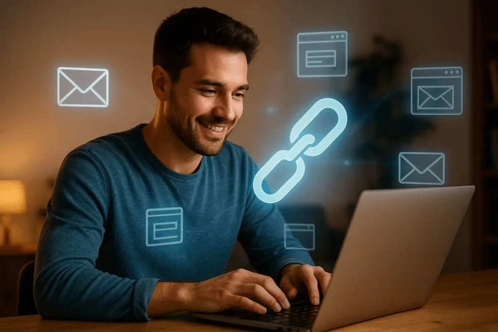Junger Mann arbeitet fokussiert am Laptop, umgeben von Symbolen für Links, Webseiten und E-Mails – Affiliate-Marketing im digitalen Alltag