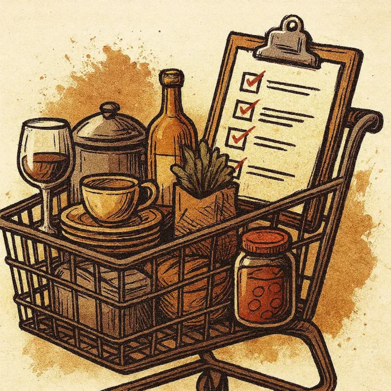 Einkaufswagen mit Gastro-Produkten und Checkliste als Illustration – Symbol für effizienten Einkauf in der Gastronomie