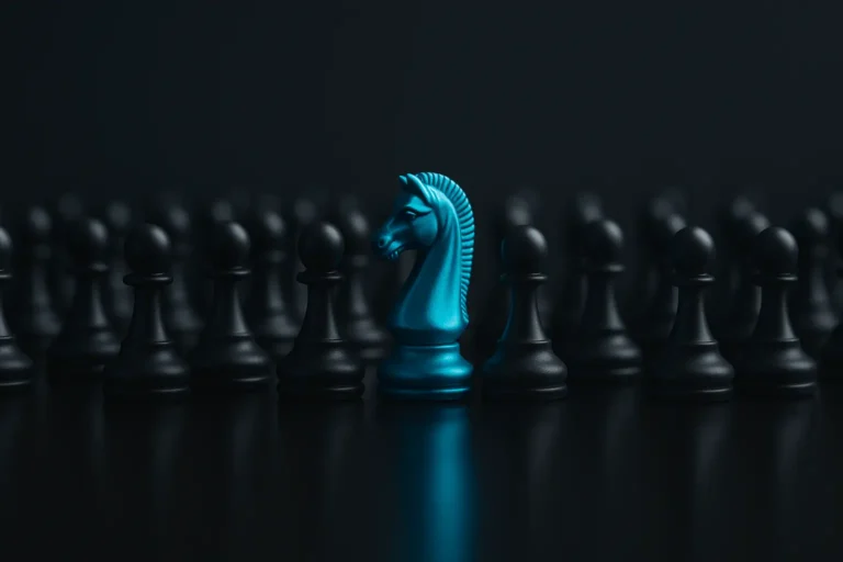 Blauer Schach-Springer hebt sich zwischen schwarzen Bauern ab – Symbol für das Geheimnis der Super-Affiliates, die immer den Zuschlag bekommen