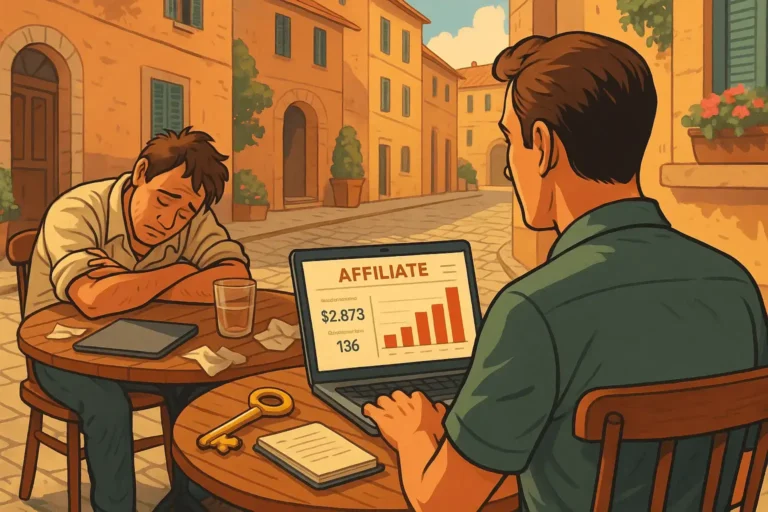 Illustration: Erfolgreicher Affiliate arbeitet konzentriert am Laptop mit sichtbarer Statistik, während ein fauler Affiliate daneben erschöpft sitzt. Symbol für Geheimwaffen im Affiliate-Marketing.
